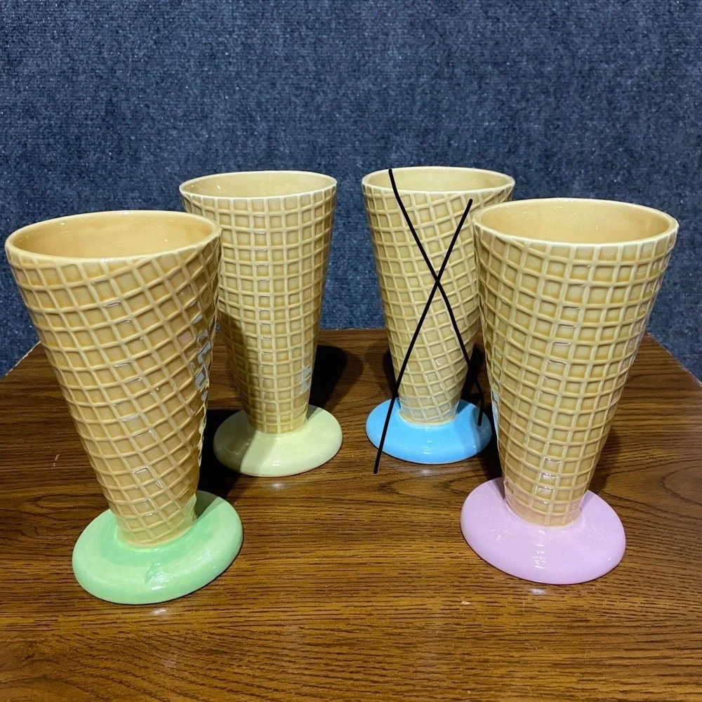 Vintage Set of 3 Ceramic Waffle‎ Cone Ice Cream Cups Dessert Dishes Pastel Japan